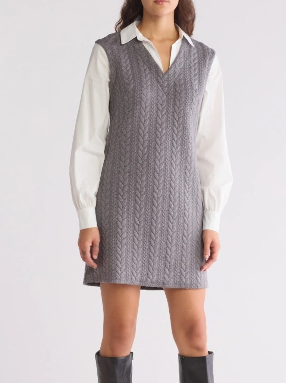 Eliza J Gray Cable-Knit V-Neck Mini Dress